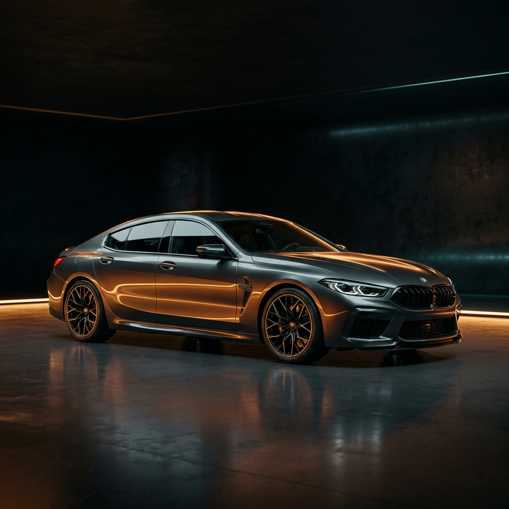 A sleek premium sports car with warm amber rim lighting in a dark studio setting